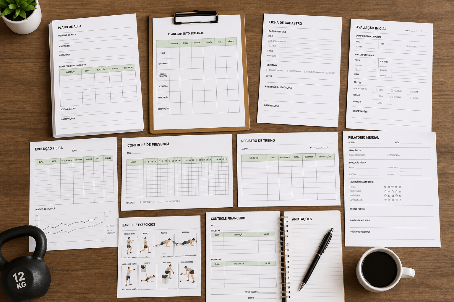 Mockup do Kit Funcional Pro: fichas, planner e planos de aula impressos sobre mesa de madeira